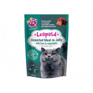 ЛЕОПОЛЬД  Асорті з м'ясом,печінкою та овочами в желе д/дорослих котів  100гр