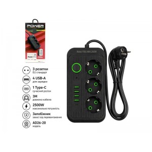 Подовжувач Мережевий фільтр 3м на 3гнізд з 4 USB + 1 Type-C із захистом від навантаження AD26-20 кол