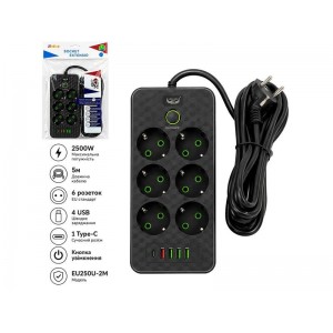 Подовжувач Мережевий фільтр 5м на 6гнізд з 4 USB + 1 Type-C і та вимикачем EU250U-5M колр