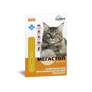 Краплі ProVET Мега Стоп д/котів 4-8кг від Блох, Кліщів, Глистів 1*1мл